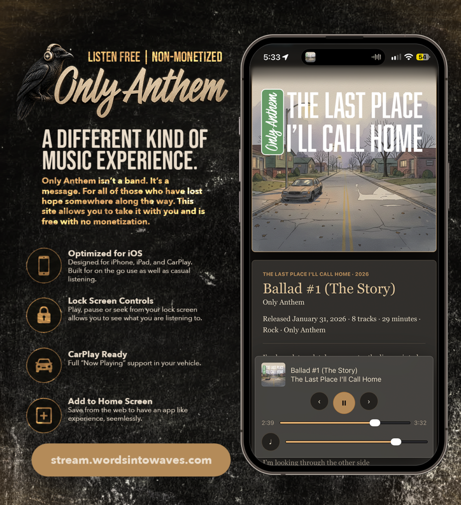 Only Anthem free streaming player on Words Into Waves